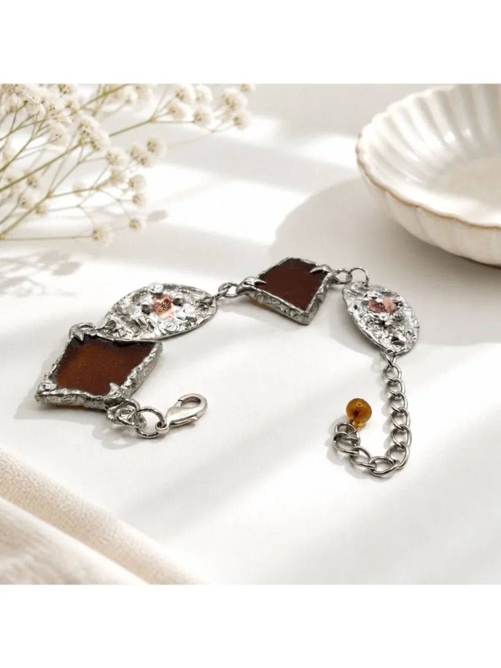 Amber Sea Glass Bracelet | Mixed Metal Silver & Copper Stamped Links |Adjustable